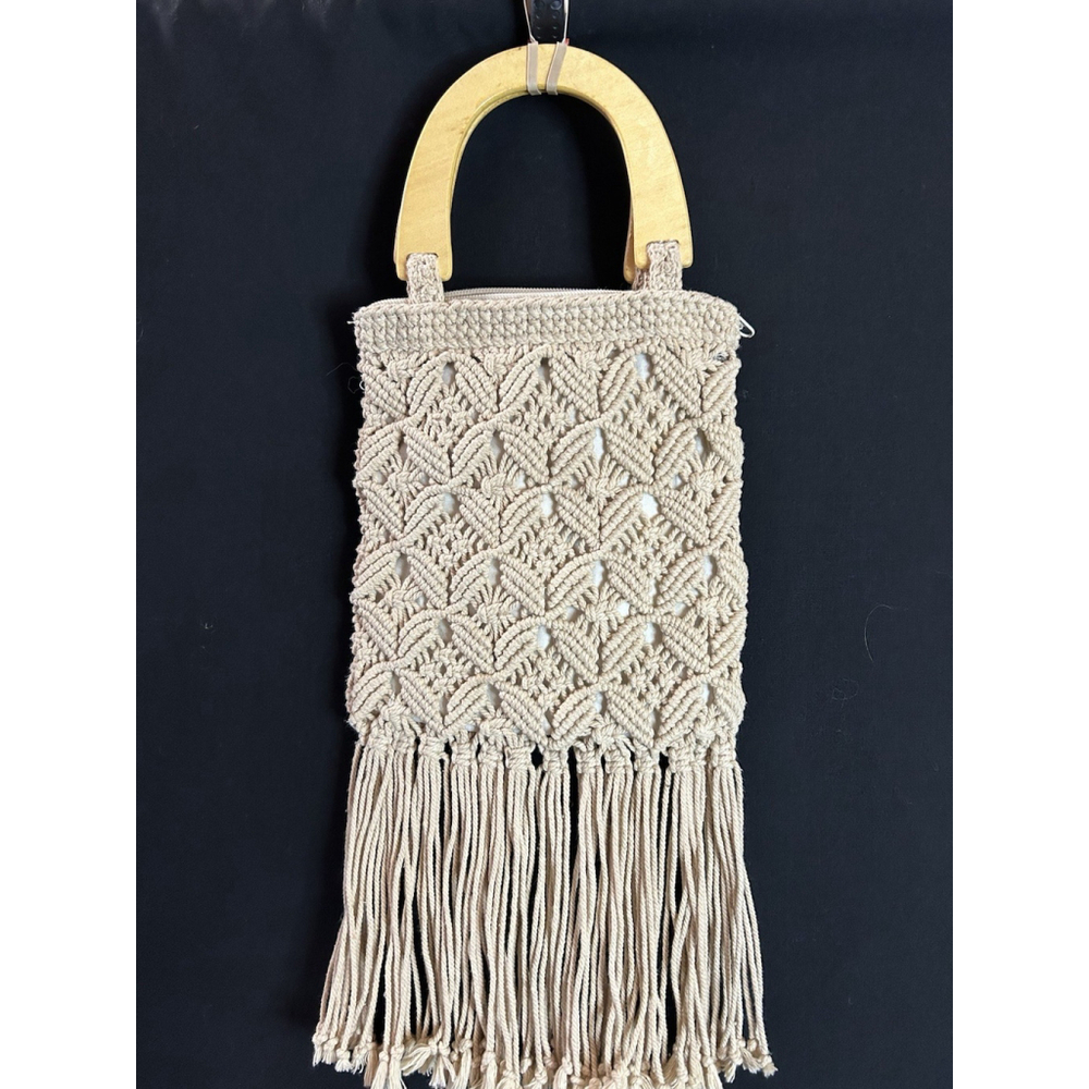 Boho Hippie Bag Women's Purse Handbag Macrame Wooden Handles Long Fringe
